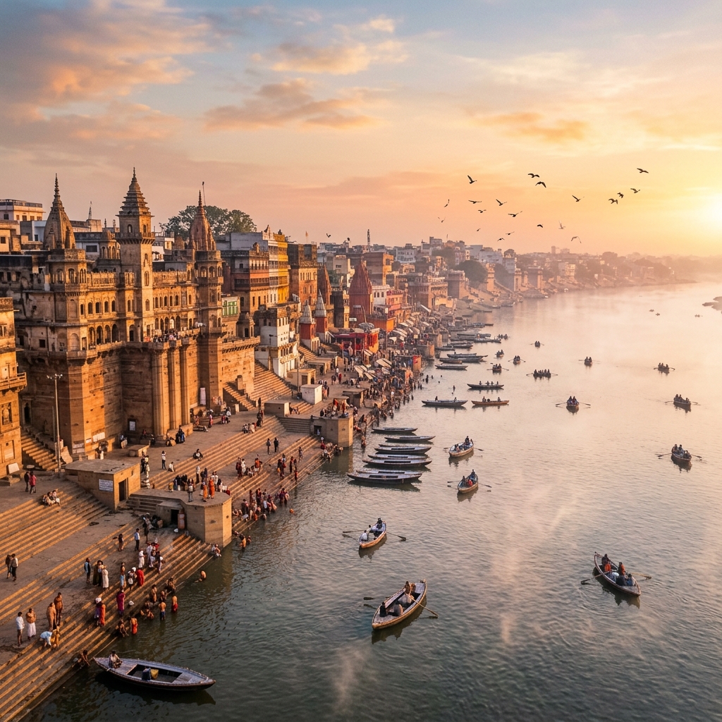 Aerial view of the 84 ancient Ghats of Varanasi along the Ganges